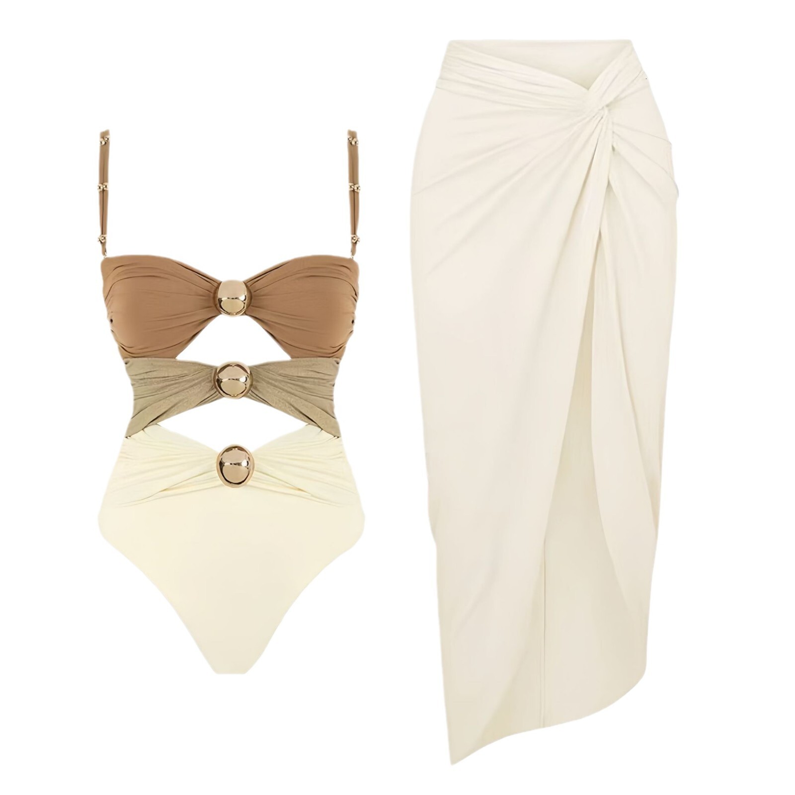 2025 New Bikini Skirt Solid Color Splicing Integrated Designer Women's Swimsuit Trendy Swimsuit