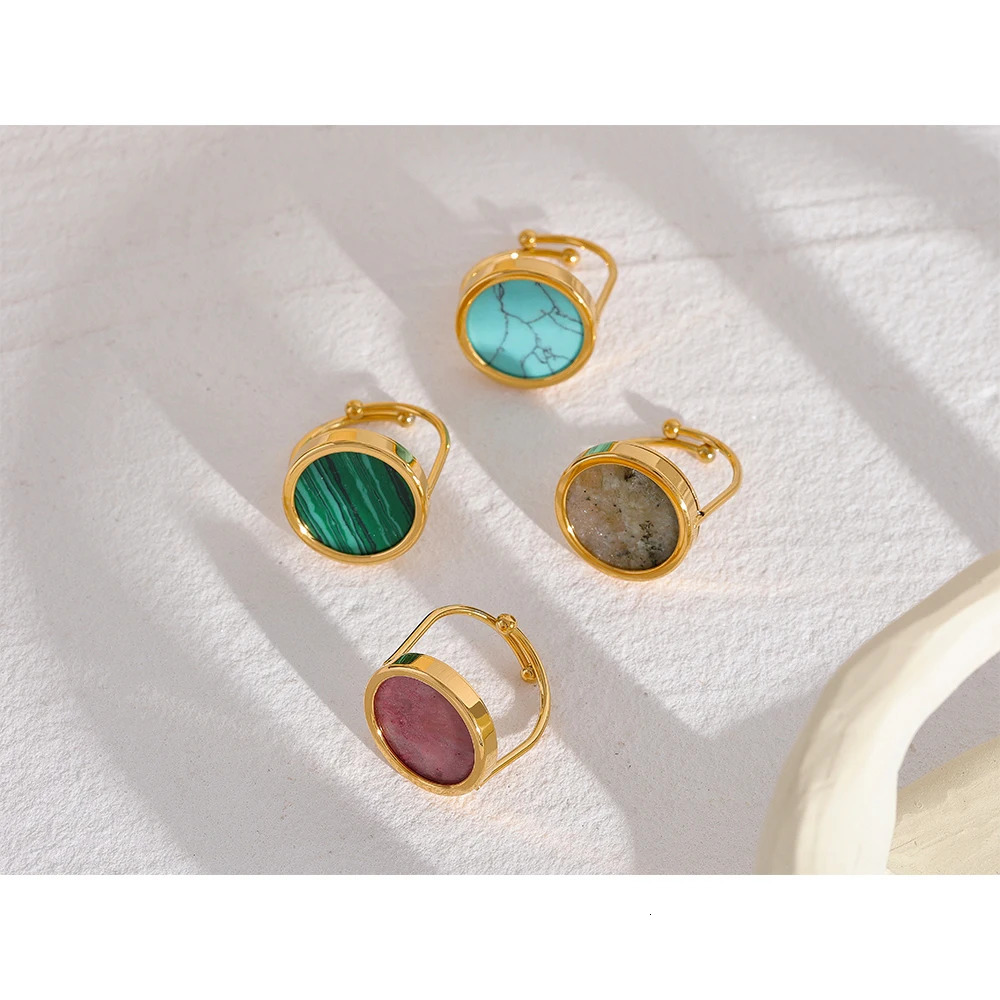 Yhpup Turquoise Malachite Rhodochrosite Stone Stainless Steel Waterproof Adjustable Ring Women Fashion Charm France Jewelry 250106