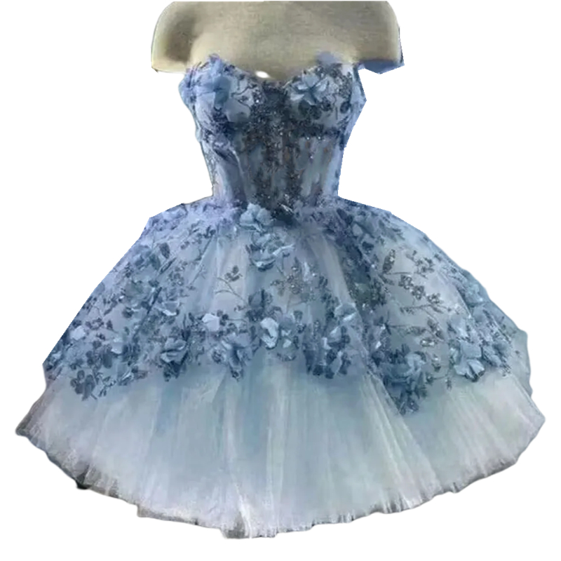 Glittering 3D Flowers Short Prom Dresses Ball Gown Sweetheart Birthday Party Evening Dress Lace Appliques Corset Back Chic Special Occasion wear Sleev
