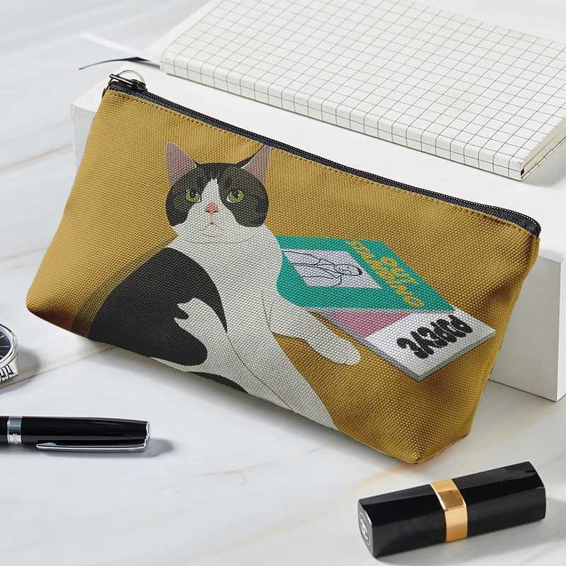 Japanese style makeup bag cute cat series printed canvas makeup bag large capacity portable makeup bag for girls and women W250109