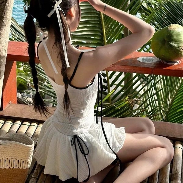 2025 Korean new backless camisole high waisted drawstring conservative wrap around skirt designer women's one-piece swimsuit