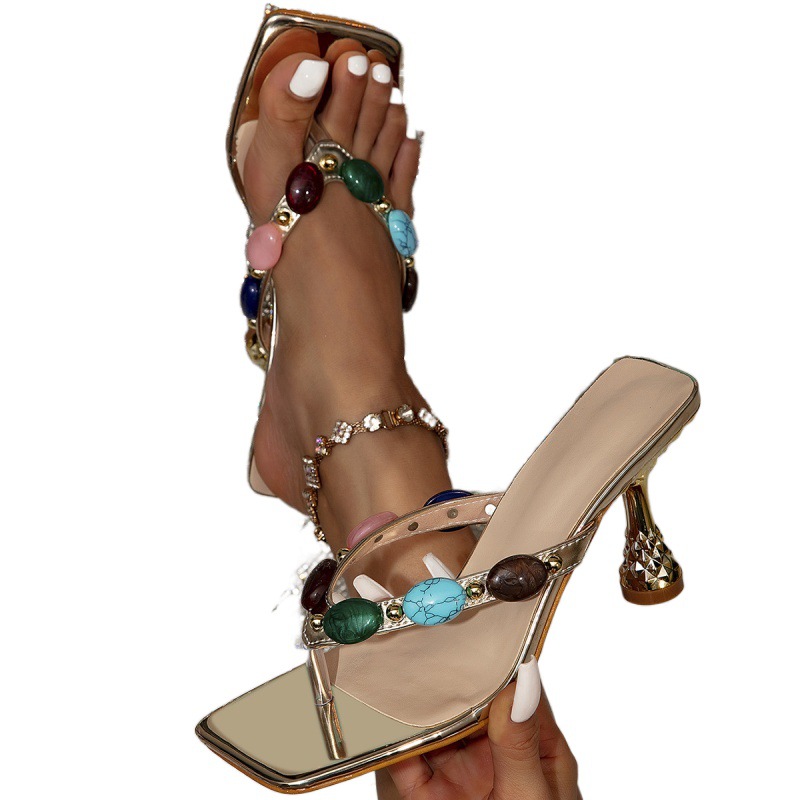 Fashion Design Colour Gem Narrow Band Flip Flops Women Shoes Slipper Summer Party Low Heels 2025 Sandals Female Mules