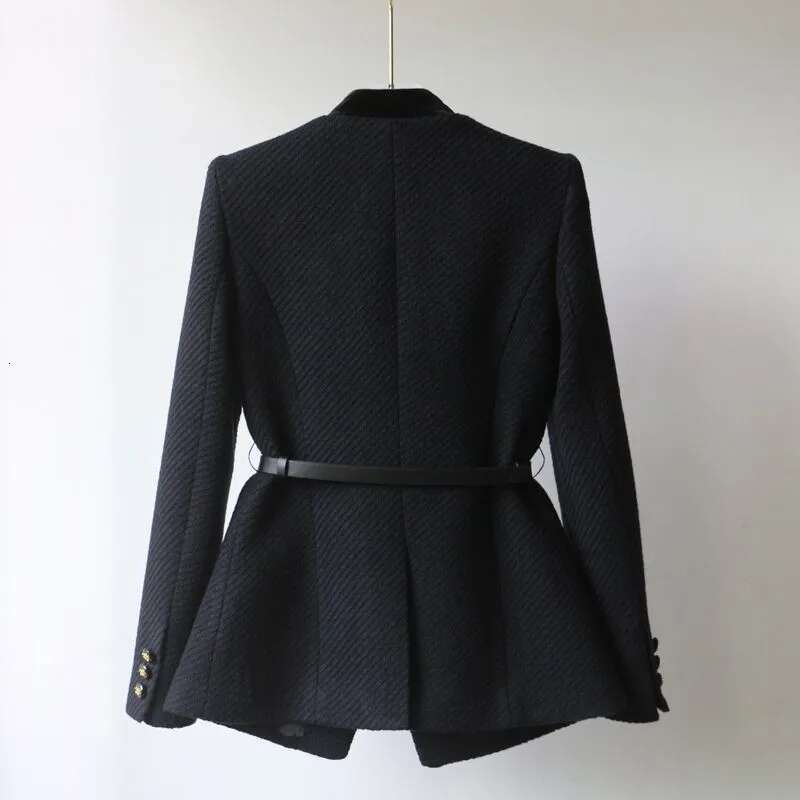 2024Autumn Winter New Woolen Mid-Long The Waist Fashion Coat Women Button Pure Colour Black Temperament Outerwear Female