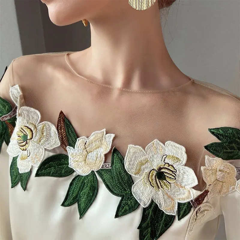 Fashion Womens Blouse Flowers ed Long Sleeves Round Neck Mesh Stitching Shirt Loose Temperament Clothes Top 250109