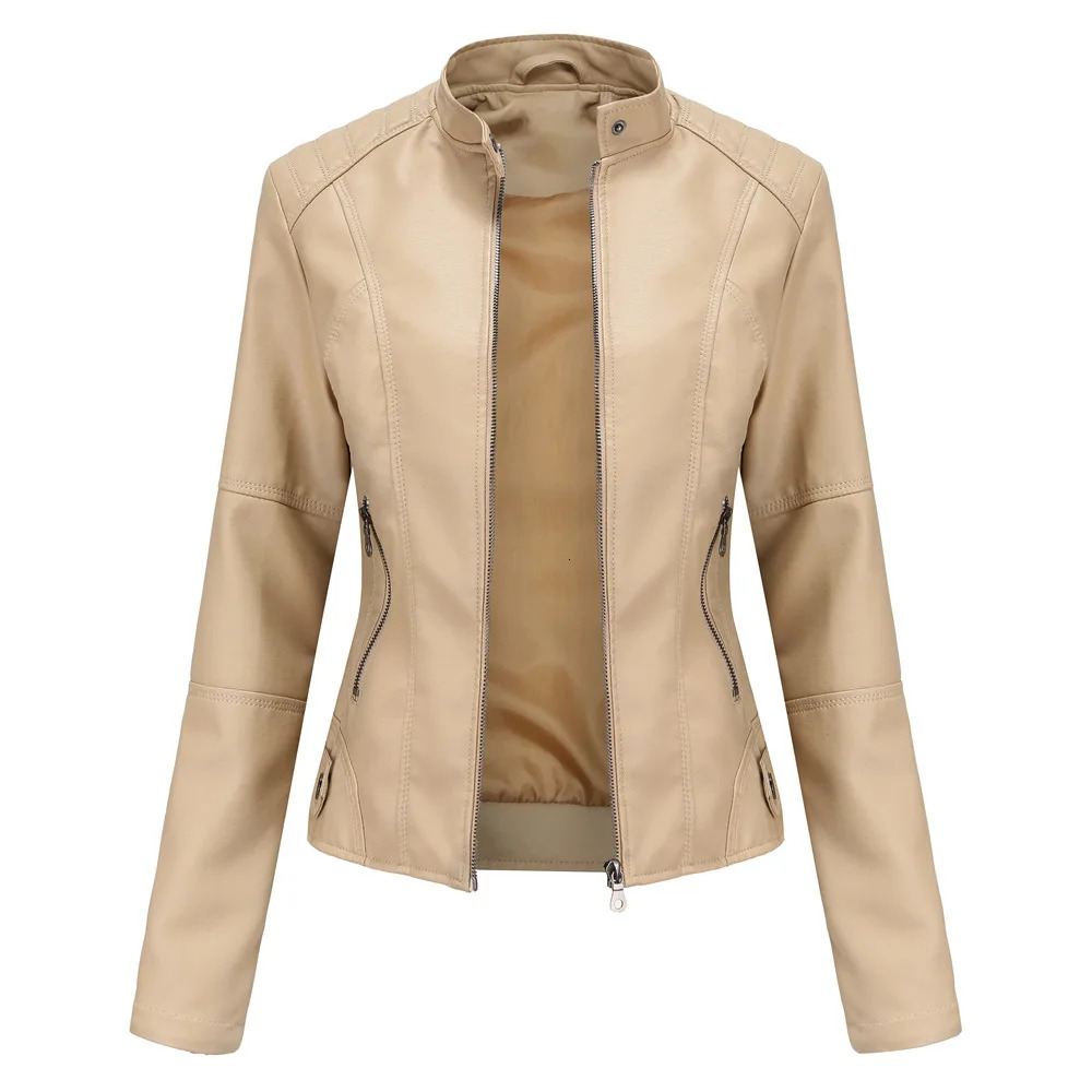 Women Leather Jacket Spring Autumn Black PU Coat Standup Collar Motor Biker 250109