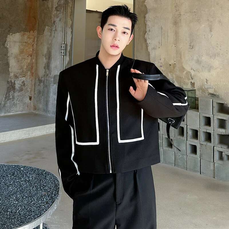 Autumn Fashion Color Contrast Stripe Original Short Casual Coat Men's High Street Elegant Trendy Jacket New