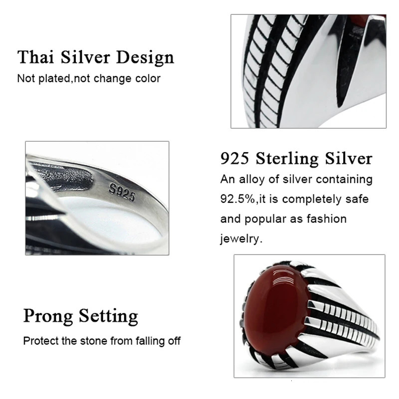 925 Sterling Silver Men Ring Prong Setting Natural Red Agate Stone Retro Punk Thai Silver Ring for Man Women Silver Fine Jewelry 250106