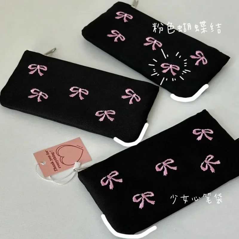 Cute embroidered makeup brush bag on canvas bow shaped square makeup bag cute printed pencil case W250109