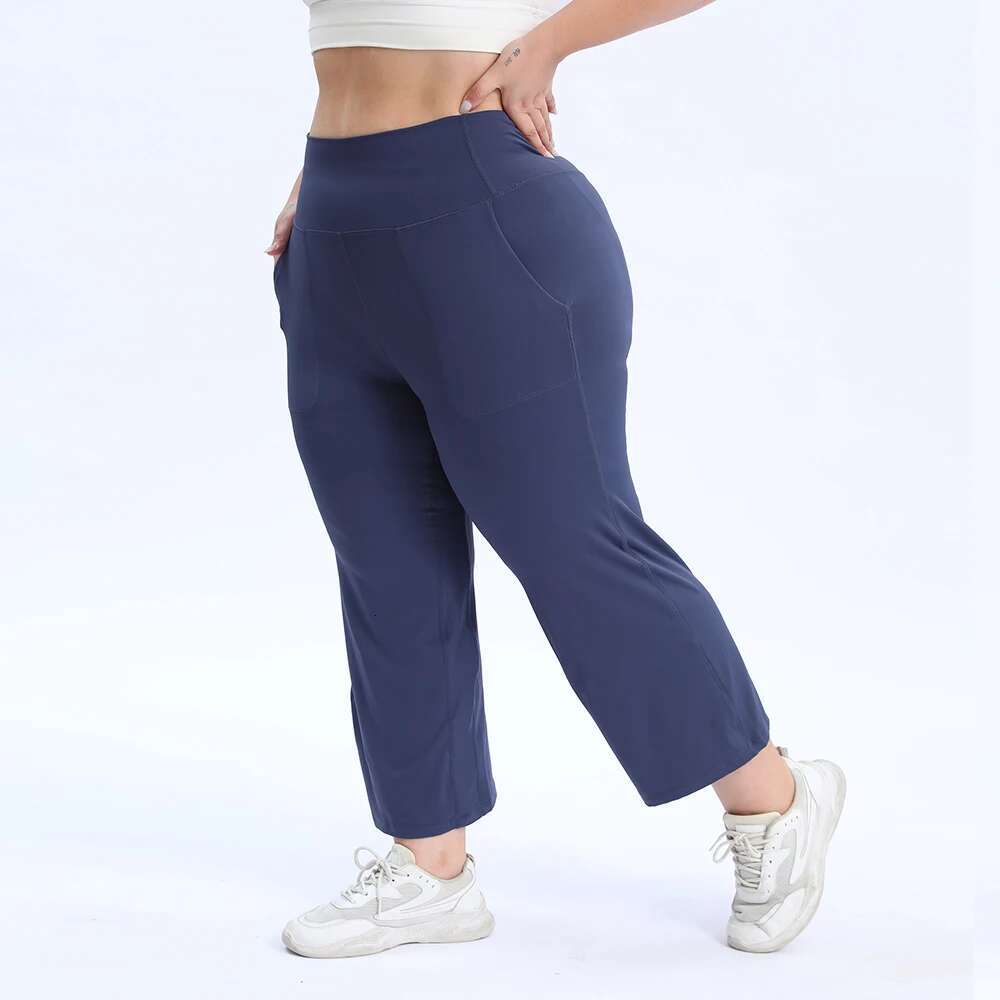 Vnazvnasi Nylon Plus Size Women Yoga Middle Waist Wide-Legged Trousers With Pockets 2 Sides Fiess Seven-Minute Pants
