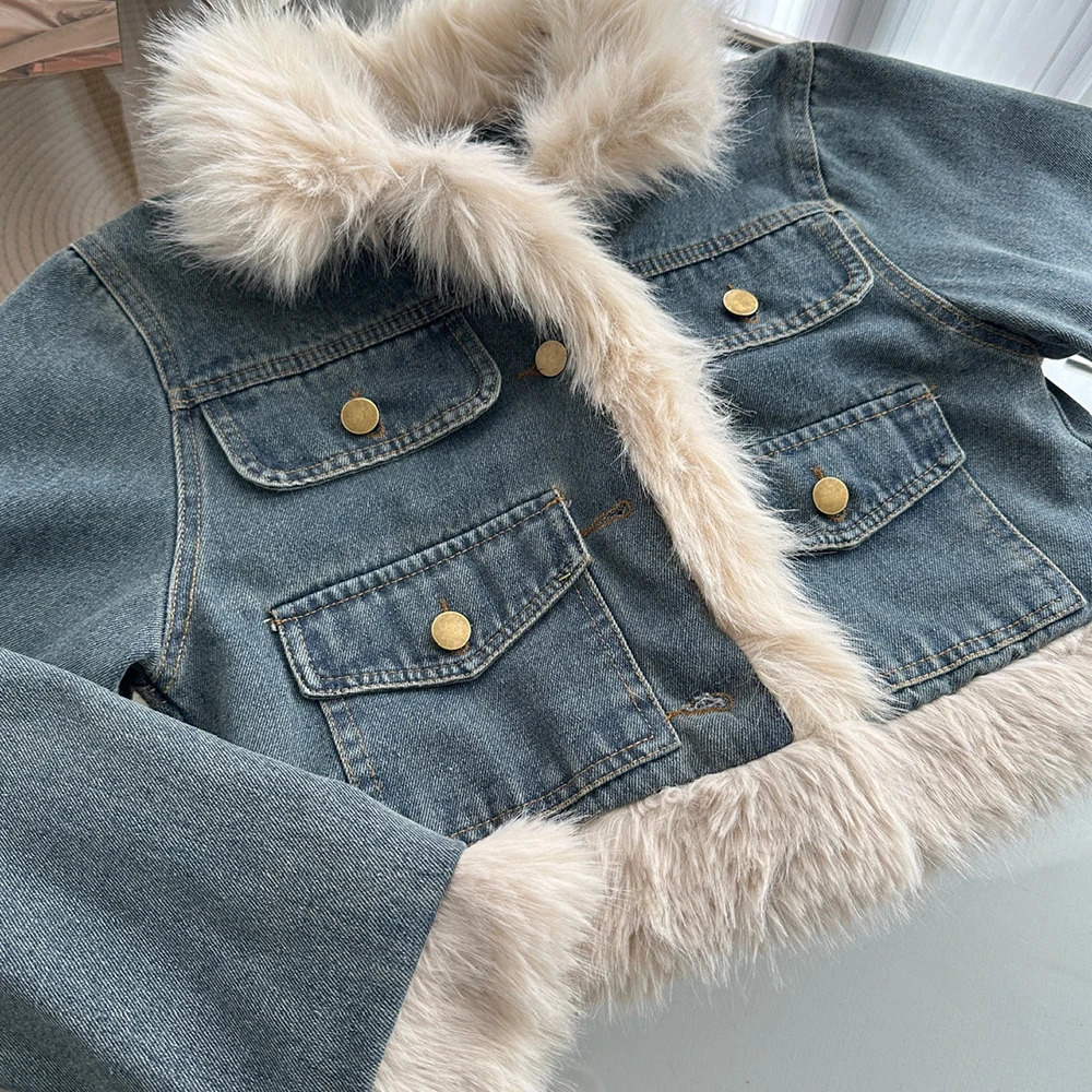OIINAA Denim Skirt Sets Women Fur Collar Vintage Jackets Cropped Coat Fashion Pockets Jean Skirt 2 Piece Sets Womens Outifits 241225