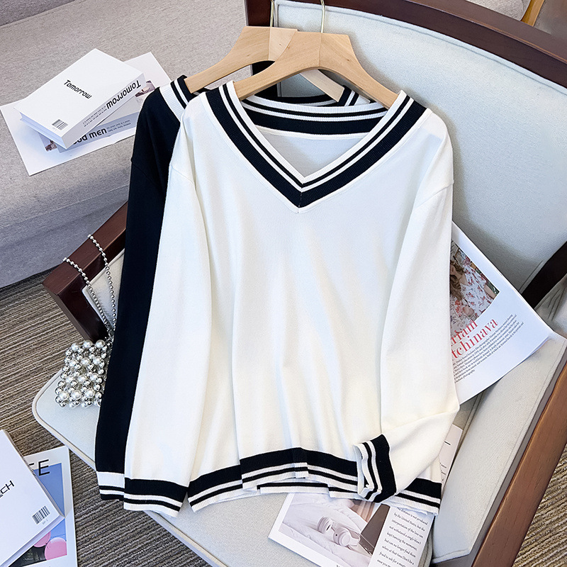170Kg Plus Size Women's Bust 160 Spring Autumn Loose Pullover V-Neck Underlay Sweater Stripe Knit 5Xl 6Xl 7Xl 8Xl 9Xl 10Xl