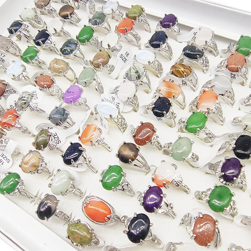 20/50pcs/Lot Wholesale Bohemia Mix Style Natural Stone Finger Rings for Women men Silver Color Party Jewelry Oval Agate Wedding 250106