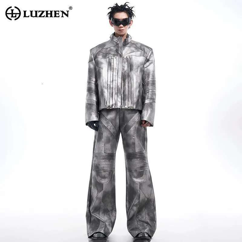 Liquid Design Pleated Leather Jacket Streetwear Elegance Motorcycle Clothing High End Pants Male New