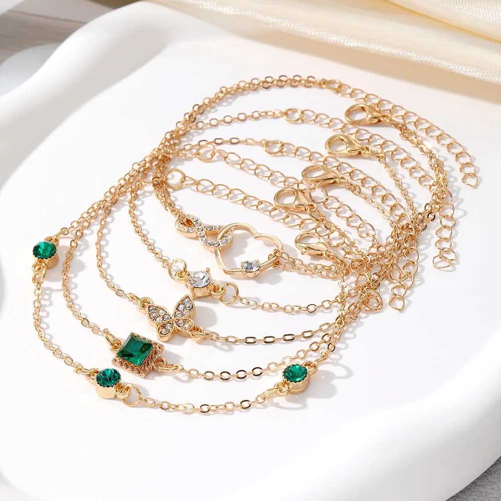 New Luxurious Geometry Square Green Crystal Bracelets Women Fashion Exquisite Butterfly Heart Metal Bracelets Set JewelryXJ250109