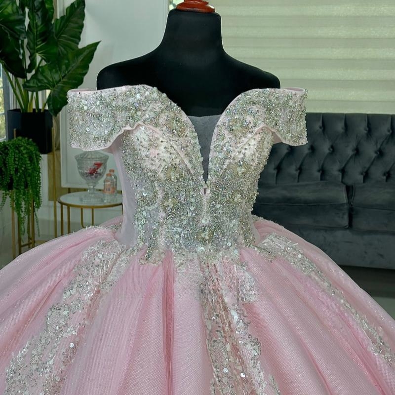 Pink Quinceanera Dresses Ball Gown Off The Shoulder Applique Lace Beading Tull Corset Party Birthday Sweet 16 Dress