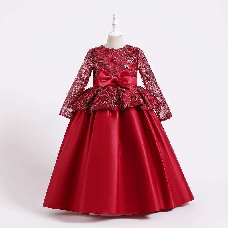 Fashion Childrens Satin Bow Printed Princess Dress Host Long Childrens Piano Performance DressXJ250108