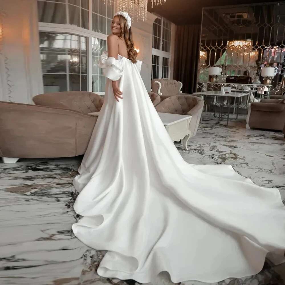 Ruched Short Sleeves Bridal Dresses with Wrap Off the Shoulder Mermaid Wedding Gowns Satin Remove Cape Vestidos De Novia