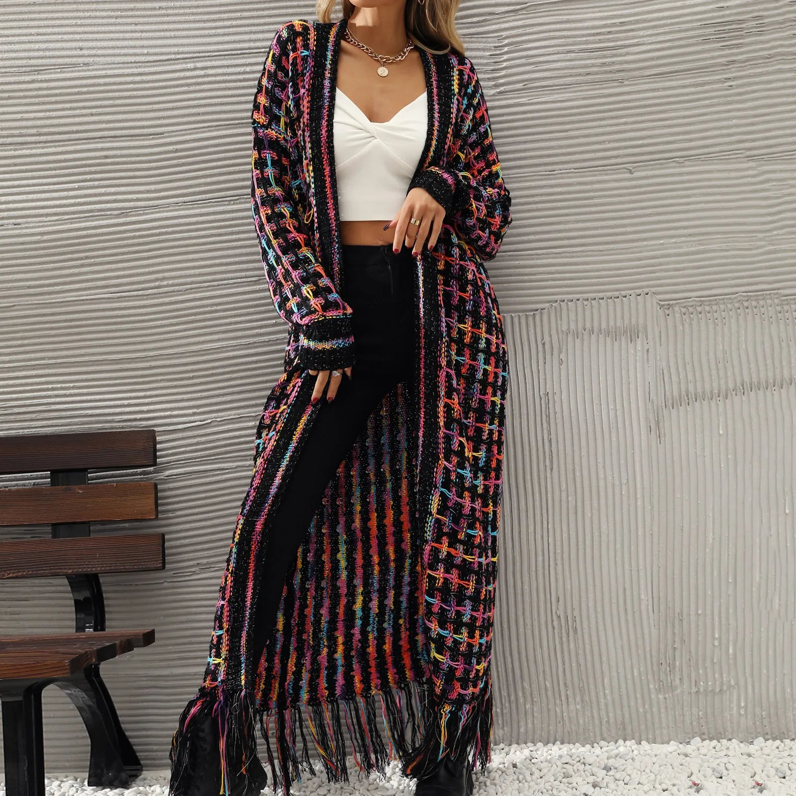 Women Colorful Cardigan Long Sleeve Knitted Open Front Loose Warm Sweater Coat with Tassel Floor Length Autumn Winter Jackets 250106