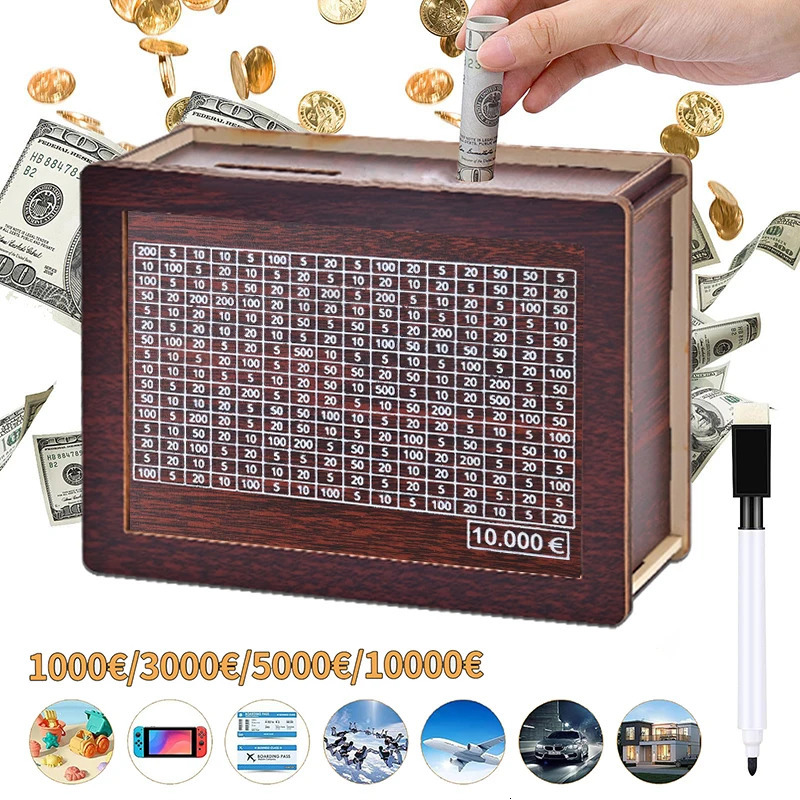 Wooden cash box with counter wooden piggy bank cash box savings target of 1000/3000/5000/10000 euros 250103