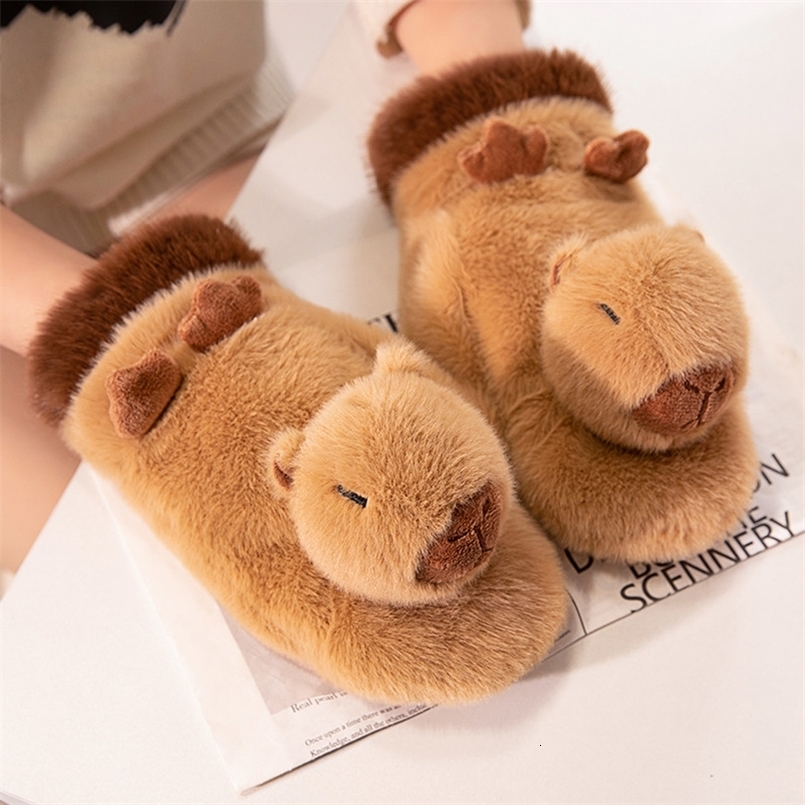 Womens Plush Winter Gloves Kawaii 3D Capybara Cold Weather Warm Outdoor Activity Travel 241223