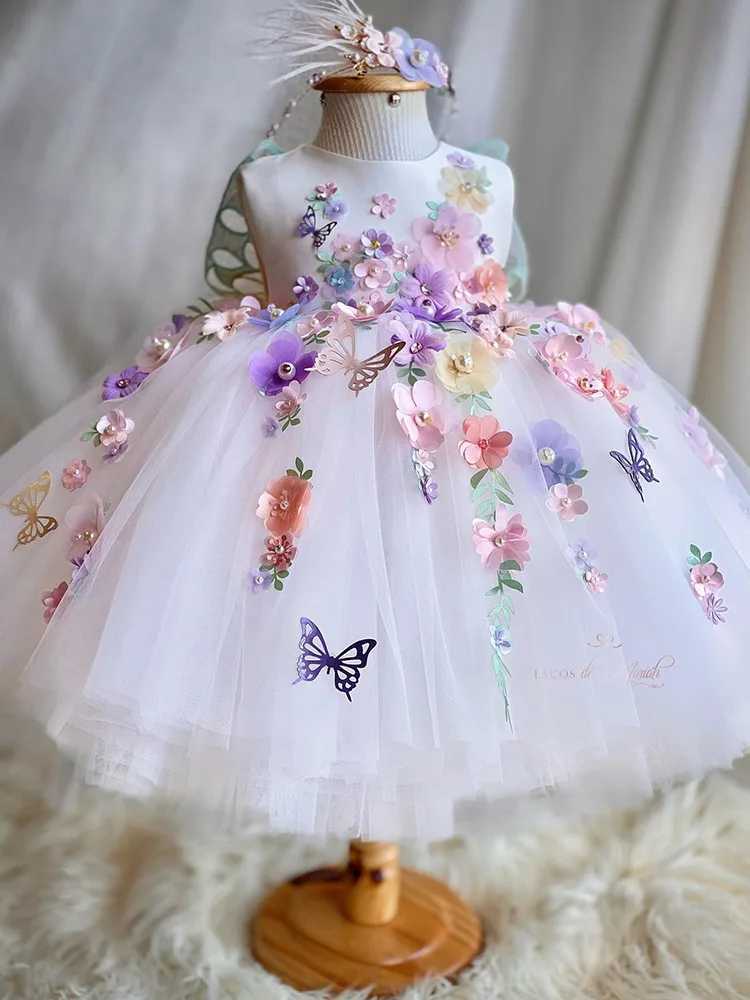 Girls Flower Pearl Lolita Princess Dress 2024 New Butterfly Wings Fluffy Dress Carnival Birthday Par Performance CostumeXJ250108