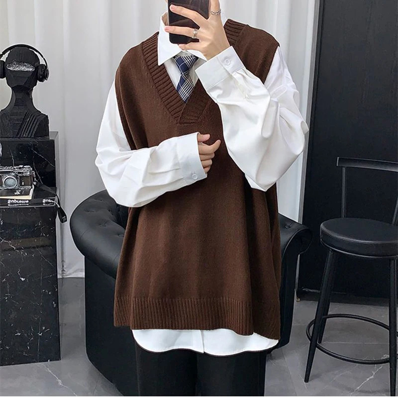 Vintage Autumn Winter Men V Neck Sweater Vest Knitted Harajuku Casual Oversized High Quality Matching Pullover Solid School Top 250107