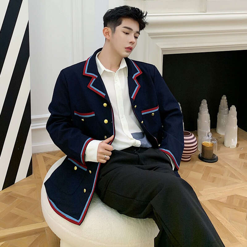Autumn New Original Edge Color Contrast Splicing Design Korean Version Casual Blazer Coat Men Elegant Jacket