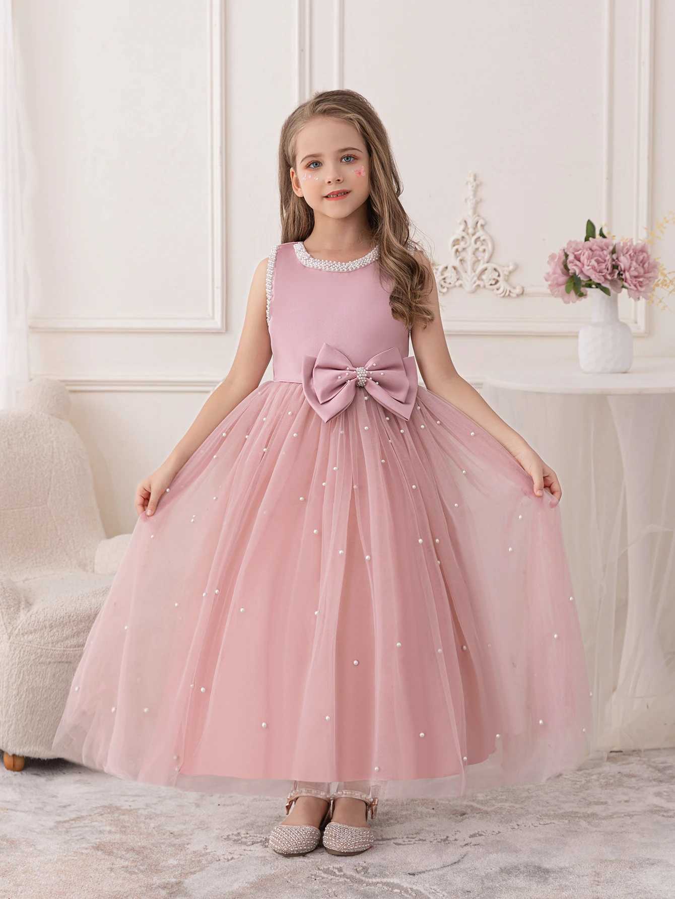 Teen Girls Pink Dress for The Birthday Par A Long Shaggy Gauze Skirt DressXJ250108