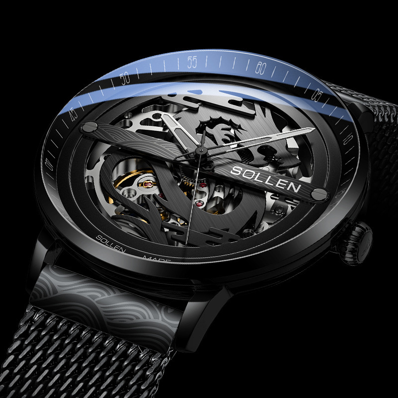 Men's New Style Automatic Mechanical Watch with Dragon Design and Skeleton Dial