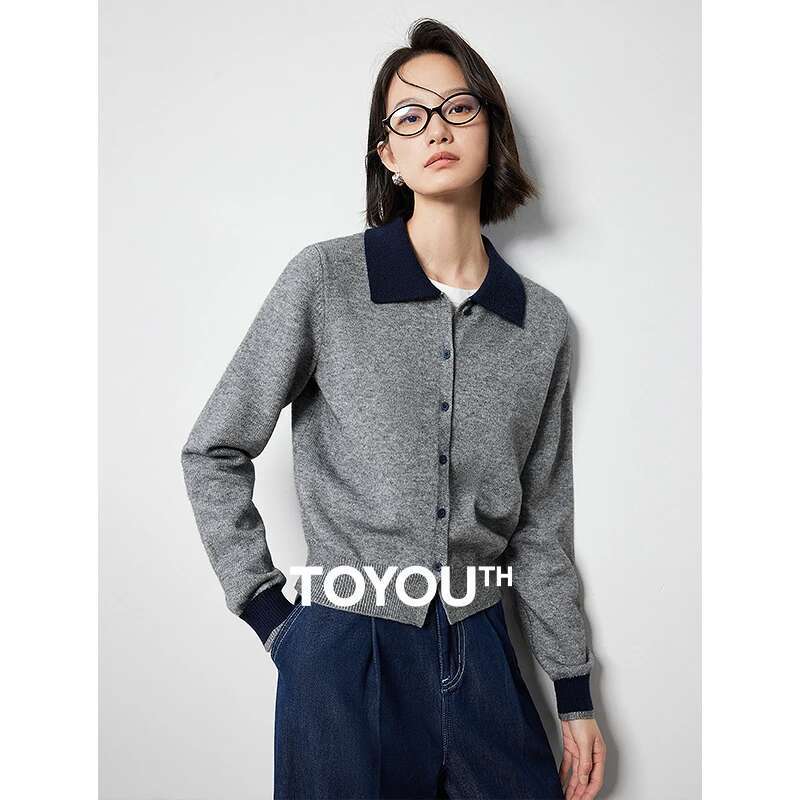 TOYOUTH Women Knitted Sweater 2024 Autumn Winter New Elegant Style Contrasting Color POLO Collar Single Breasted Button Cardigan