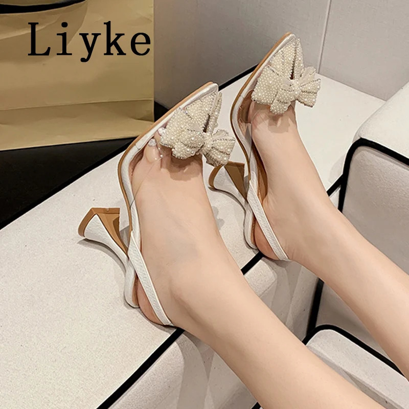 Liyke Summer Fashion Party Dress Slingback Shoes Pearl Bowknot Women Pumps Sexy Pointed Toe White High Heels Transparent Sandals 250106