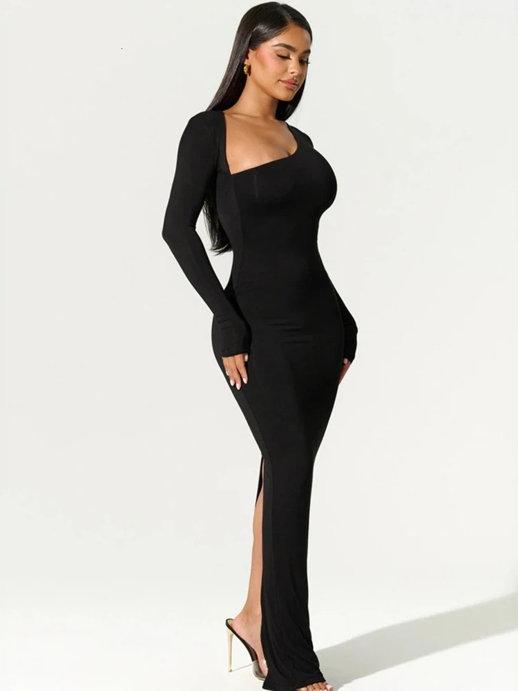 Sexy Black Evening Party Dress Women Elegant Fall Winter Outfits Asymmetrical Long Sleeve Night Club Party Split Maxi Dresses 250108