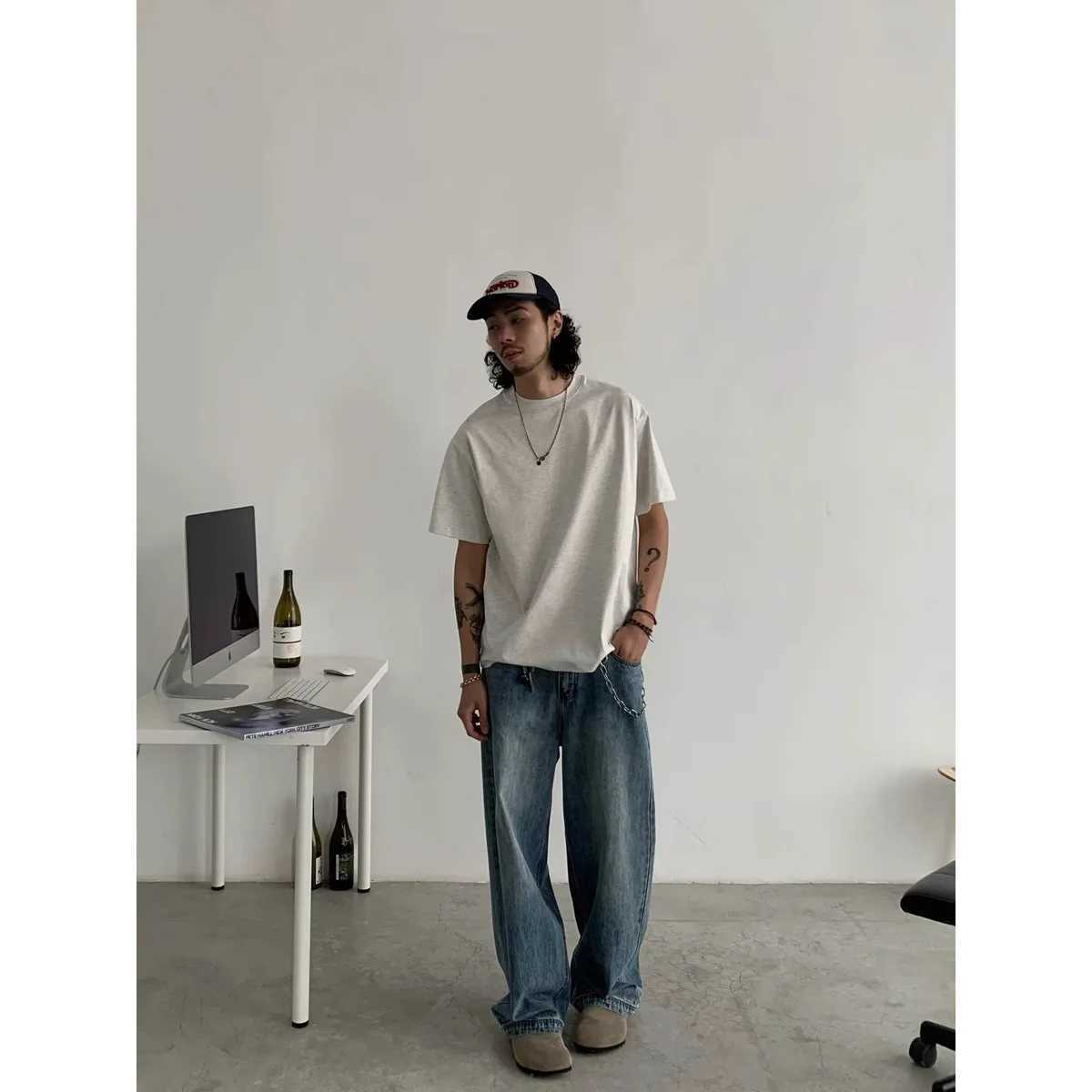 Mens jeans denim wide leg pants floor length pants spliced high waist loose casual straight pockets button pockets autumn and winter M250109