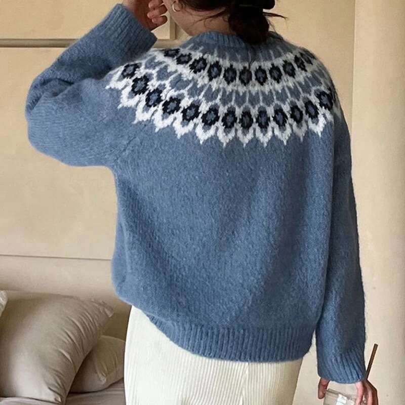 Qing Fair Isle Sweater Y2k Clothes Women Geometrical Print Round Neck Long Sleeve Tops 2000S Aesthetic Clothing Streetwear