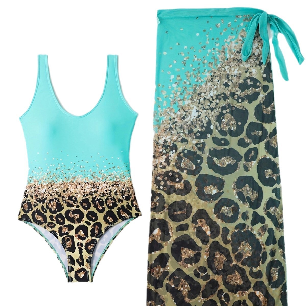2025 new printed one-piece swimsuit designer women's two-piece set customized leopard print chiffon Tenglong trendy beach swimsuit