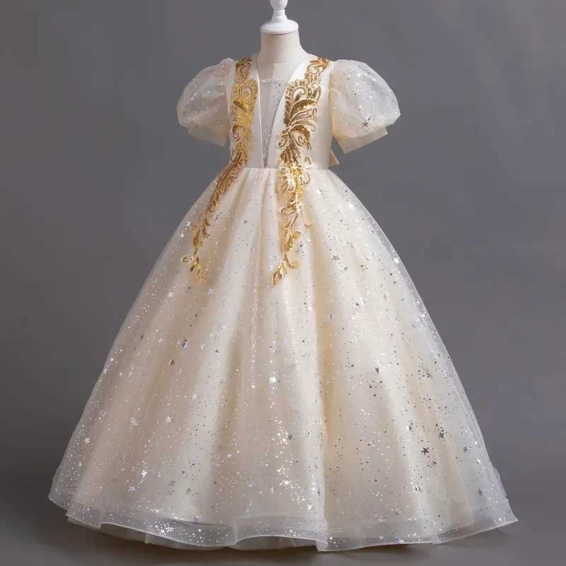Fashoin Flower Girl Dresses for Weddings Mesh Lace Short Sleeve Kids Dresses for Girls Summer Girls Par Dress 4-14 YearsXJ250108