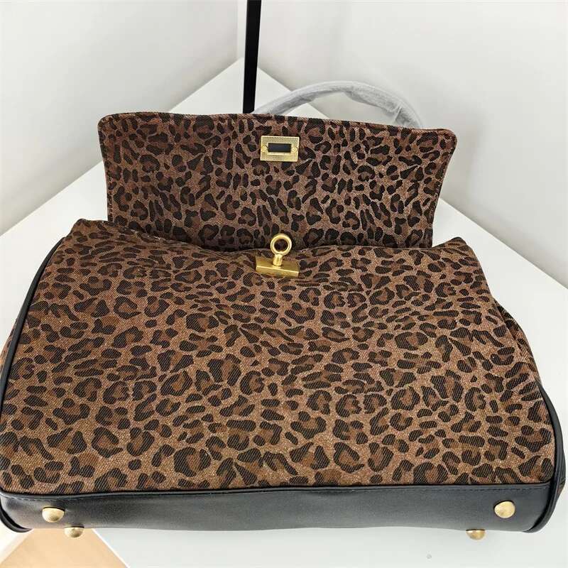 Fashion Vintage Leopard Print Women's Large Capacity Lock Shoulder Bag Autumn Winter New OL Work Commute Business Handbag 2025