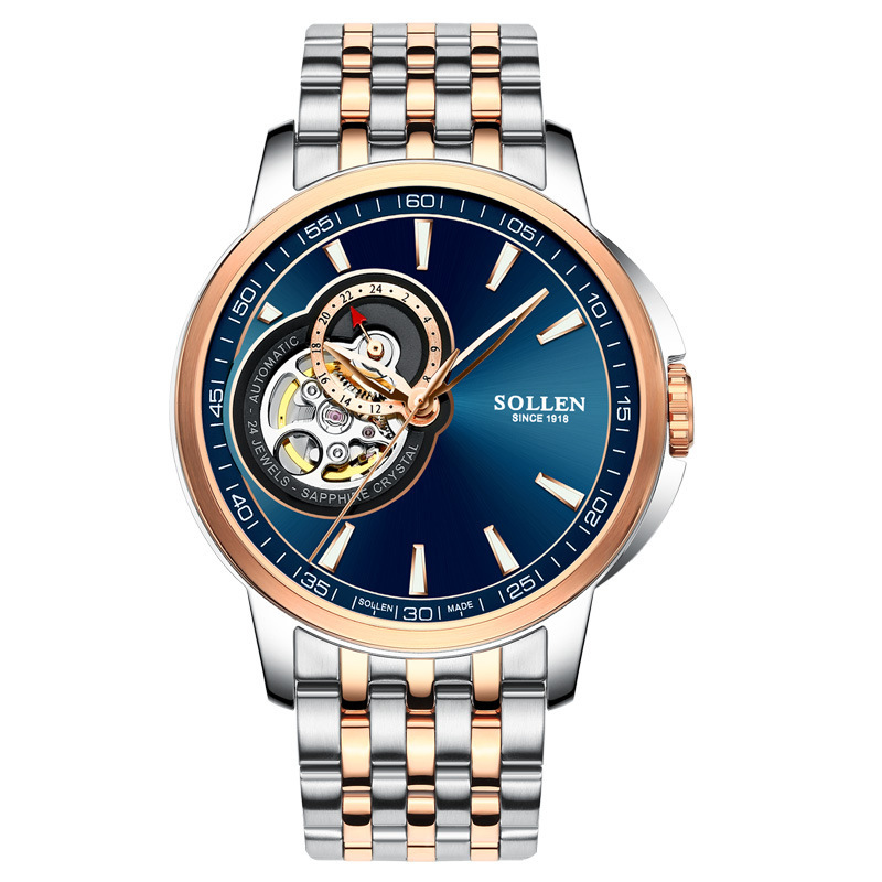 SOLLEN Men's Automatic Mechanical Watch with Skeleton Dial and Leather Strap