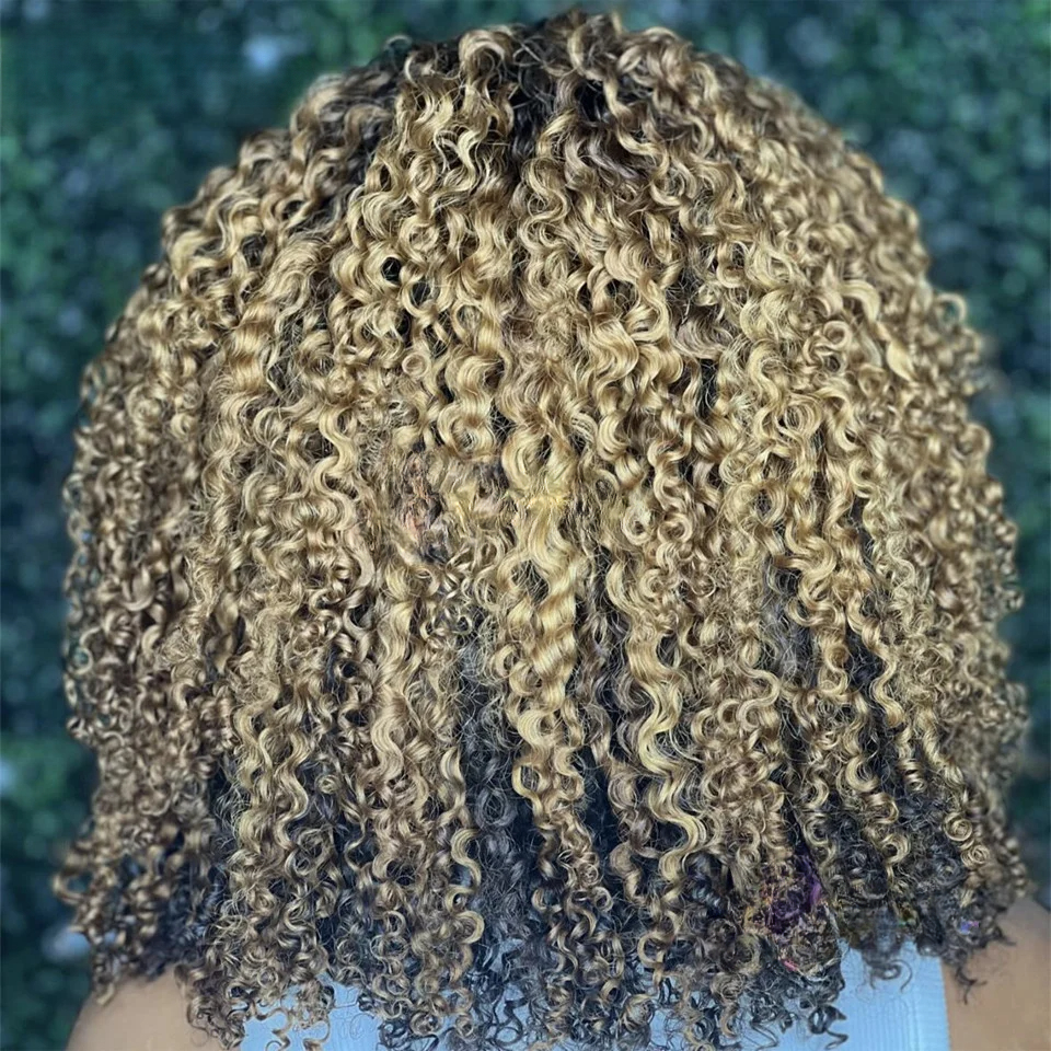 Free shipping Brazilian Highlight Blonde short Afro Kinky Curly Human Hair Wigs with Bangs for Women 250% Density Colored Black /brown /red Full Lace 