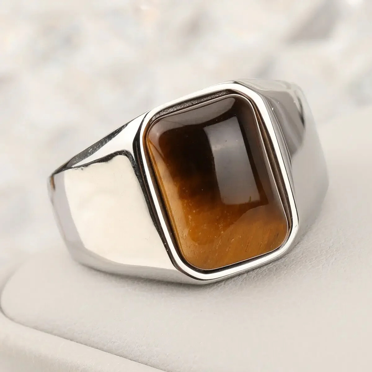 Natural Gemstone Tiger Eye Signet Ring Stainless Steel Waterproof Handmade Jewellery Rings for Men Women Father Boyfriend Gift 250106