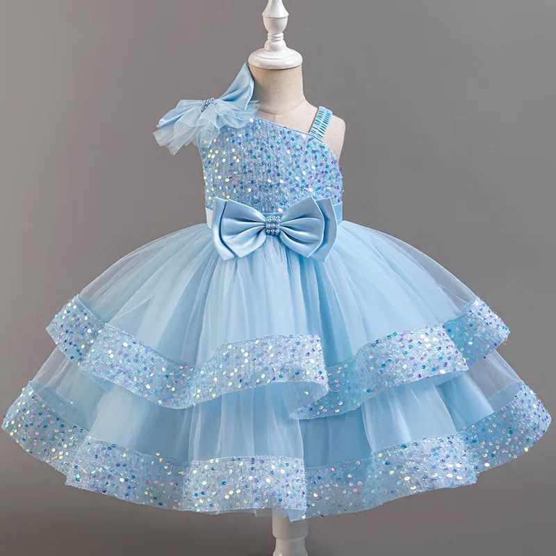 Girls Beaded Bow Tie Sequin Mesh Childrens Sleeveless Evening Dress School Graduation Par Multi Layered DressXJ250108
