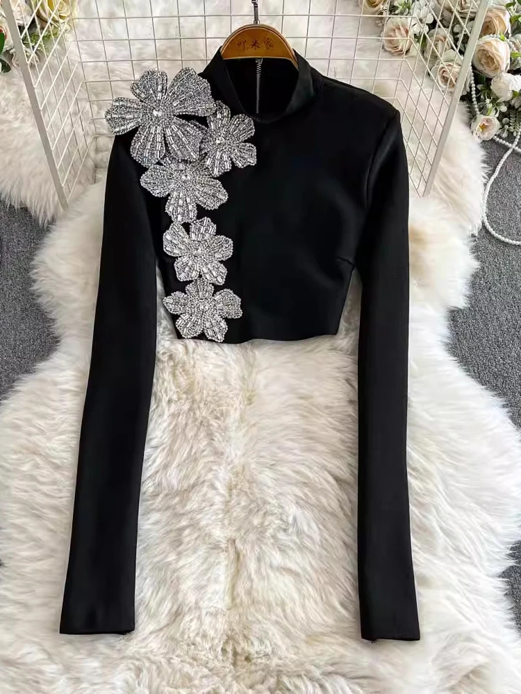 EWQ Elegant Two-piece Set Womens Stand Collar Long Sleeves Diamond Tops With High Waist Split Skirts 2025 Spring 27X1917 250109