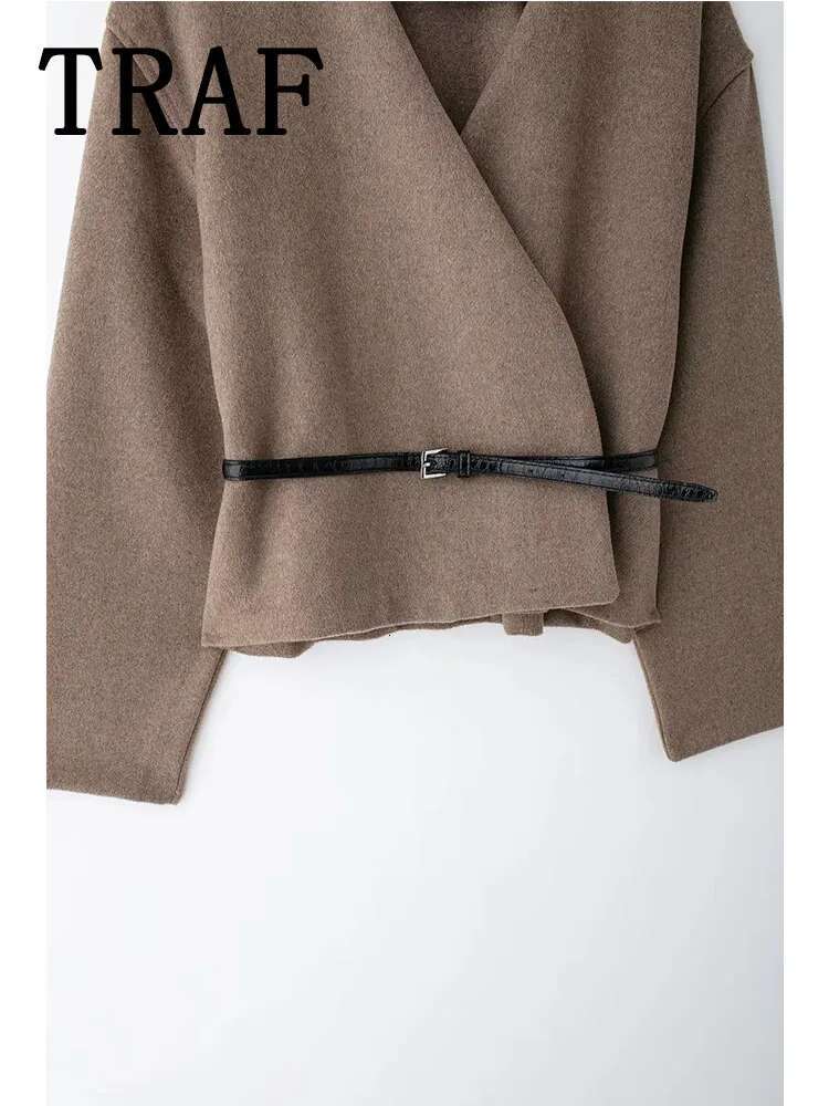 TRAF Elegant Street Jacket 2024 Fashion Comfortable Short Jackets For Women Belt Casual Coat Long Sleeve New Outerwears