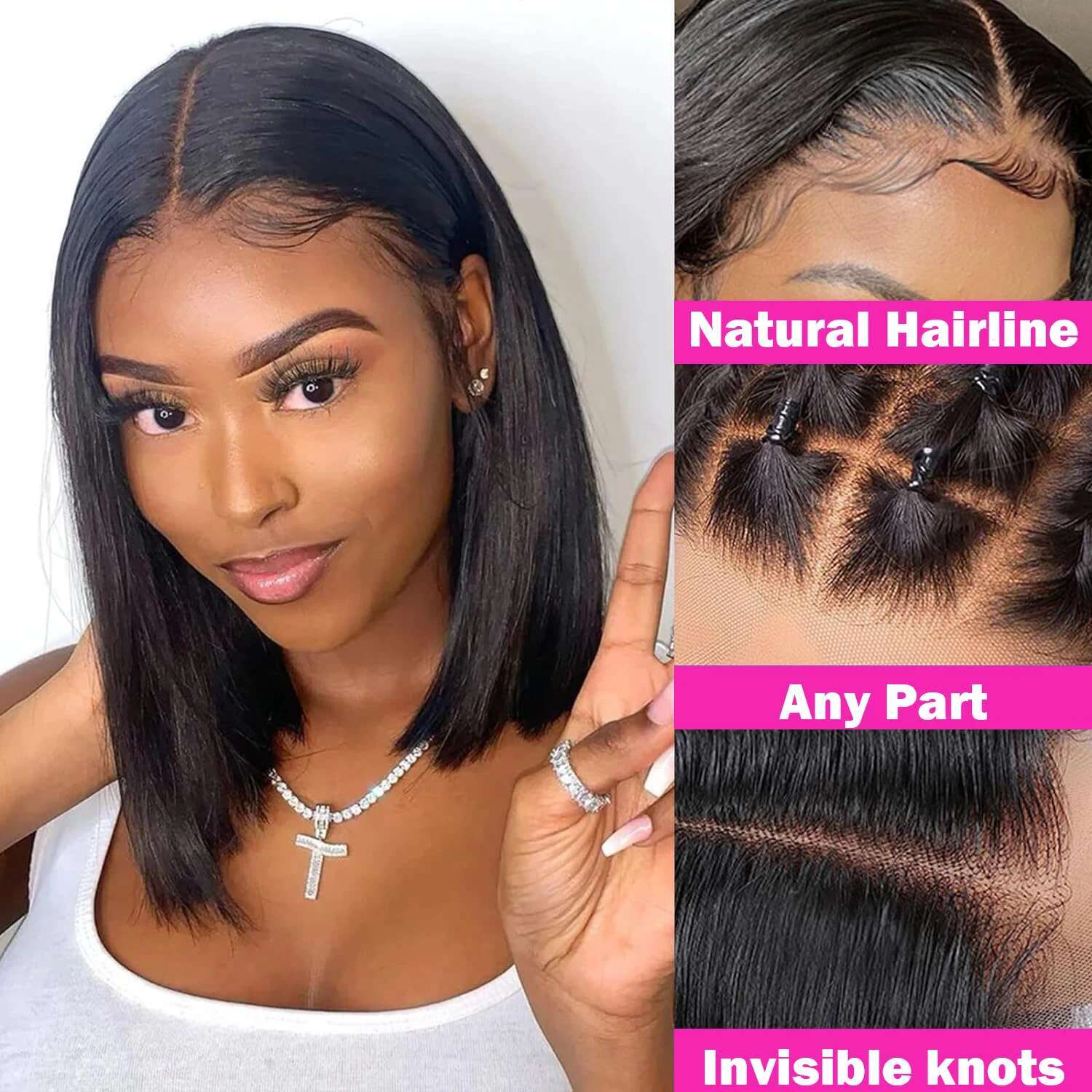 Straight Short Bob Wigs 16Inch Brazilian Virgin Human 13X4 Frontal Pre Plucked With Baby Hair 4X4 Lace Closure Wig