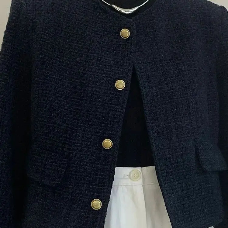 Spring Autumn Women Tweed Basic Jacket For Women O Neck Long Sleeve Single Breasted Short Coat Female Black Vintage Outerwear 250109