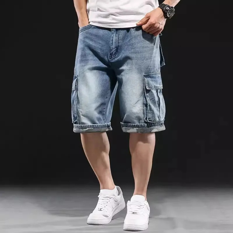 Mens Wideleg Denim Shorts Multi Pocket 7 Point Work Cargo Jeans Fat Plus Size Male 250107