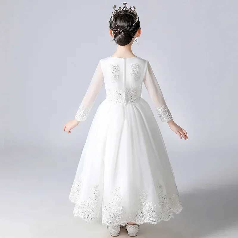 Fashion White Kids Dresses for Girls Lace Mesh Long Sleeve Evening Dresses All Seasons Children Girls Par Dress 3-13 YearsXJ250108