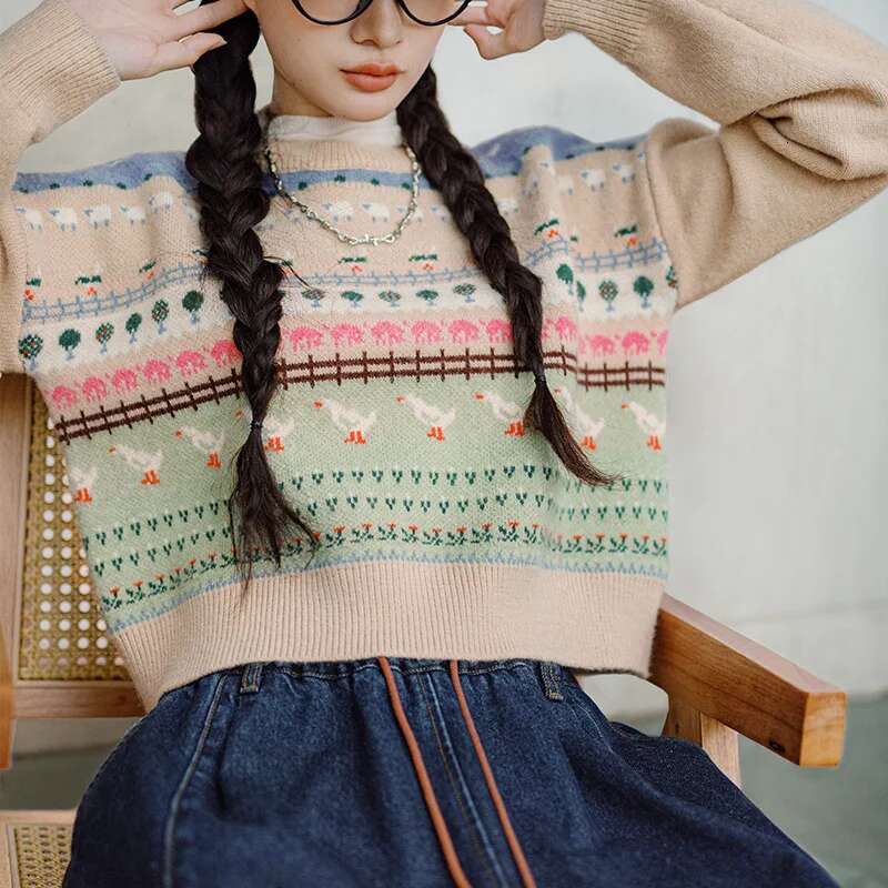 Maden Vintage Sweater With Animal Patterns Round Neck Versatile Pullover For Women's Autumn Winter Fair Isle Knitted Inner Wear