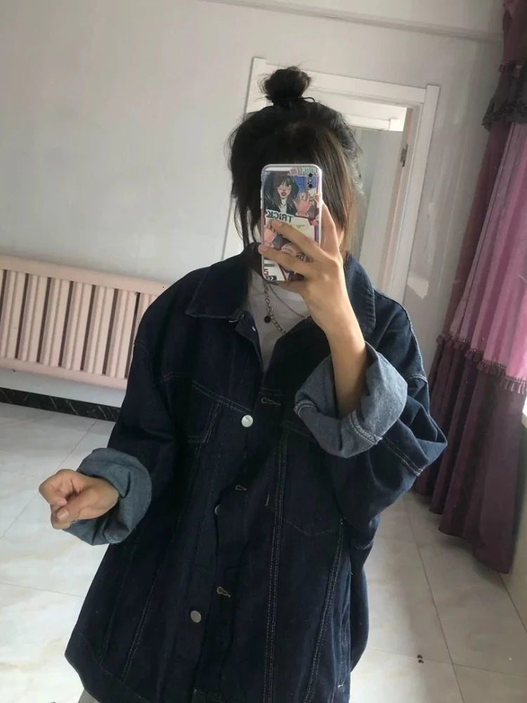 Vintage Denim Jackets Women Harajuku Dark Blue Jeans Coat Korean Fashion Oversized Y2k Aesthetic Grunge Outwear 250109