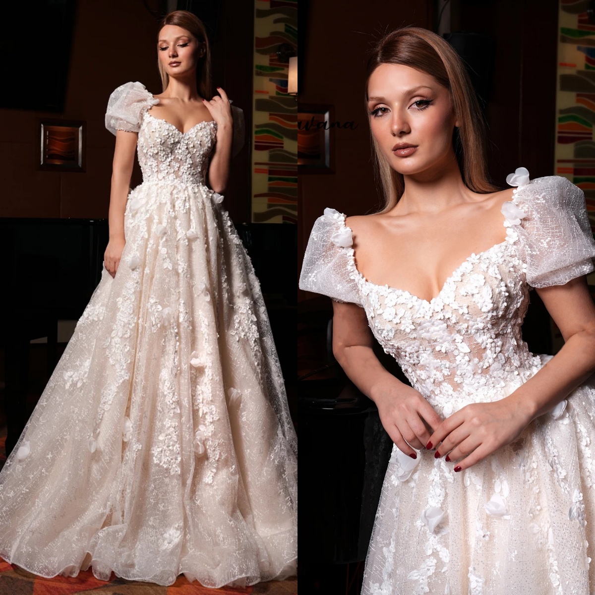 A-e Lace Applique Bridal Gown with Sweetheart Necke & Short Sleeves - Sweep Train, Customized Wedding Dress